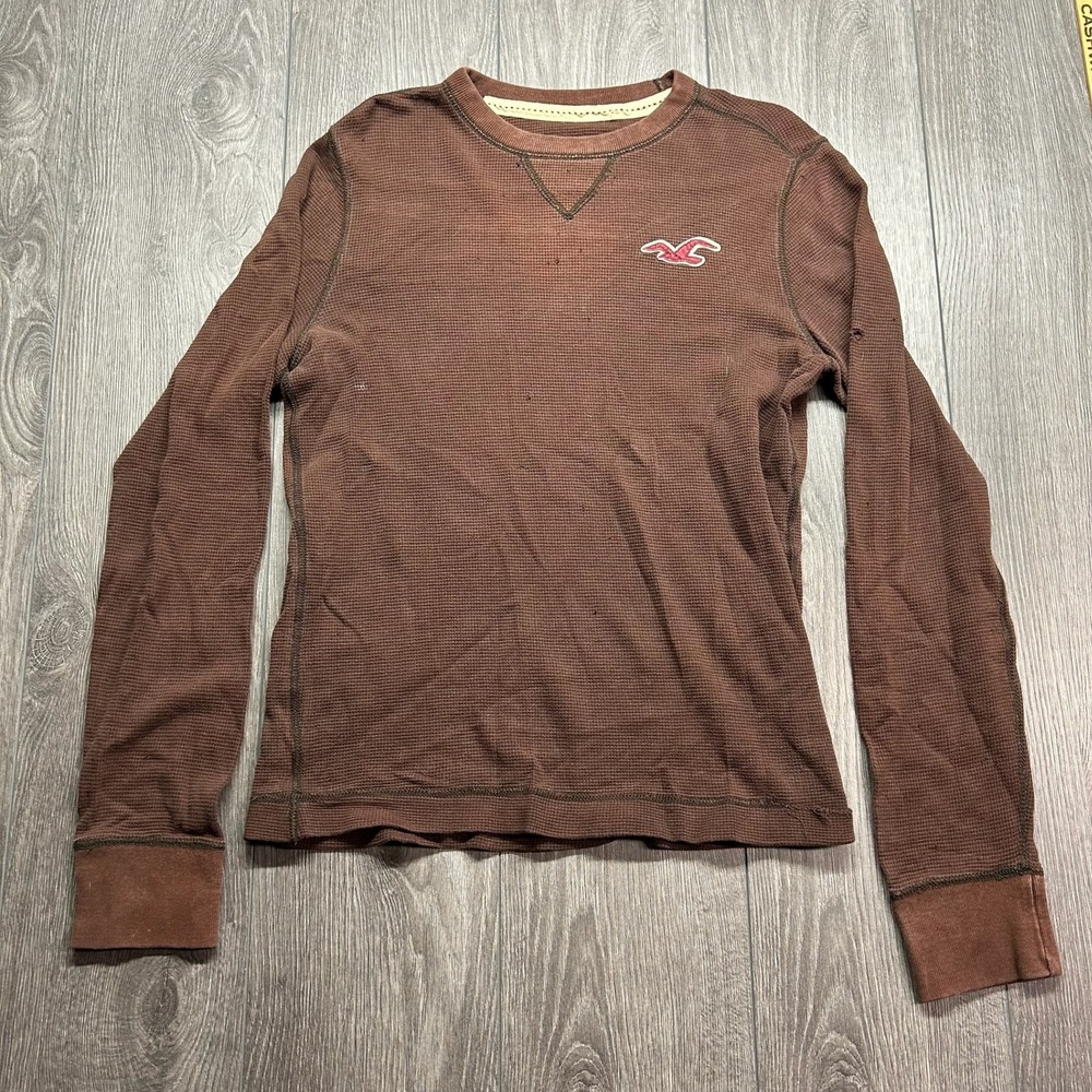 Hollister Mens Brown Waffle Knit Thermal Shirt Medium Long Sleeve Y2K Logo